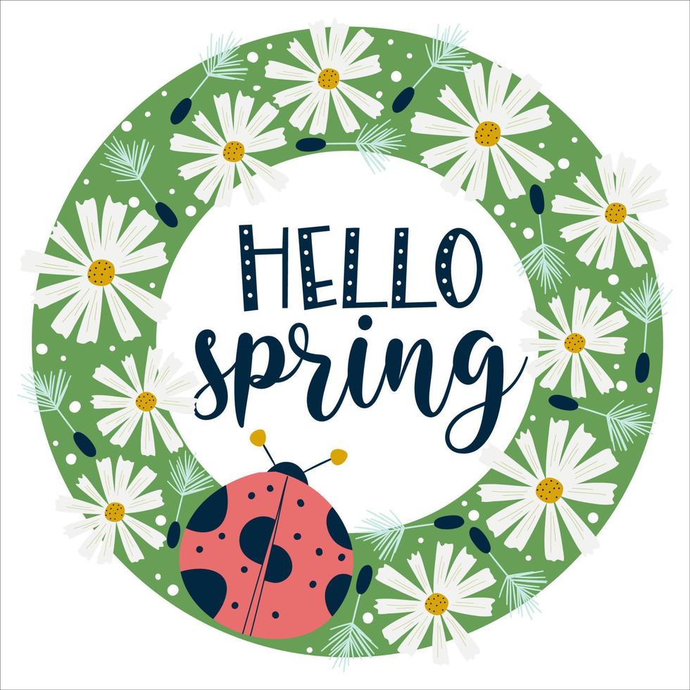 Frame round hello spring with ladybug and chamomile flowers isolated on white background.Chamomile and insects with dandelions on a green background. Vector illustration in flat style.