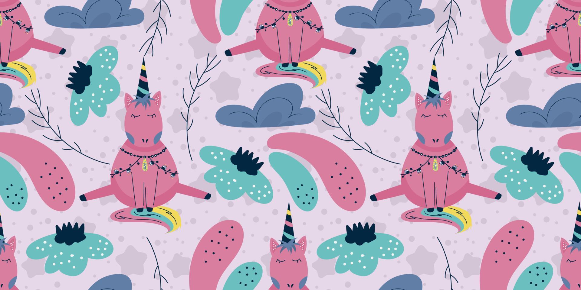 Scandinavian unicorn seamless pattern with cloud and flower. A horse with a horn sits on a dark background with cloud. Childrens textile with a bright rainbow. vector