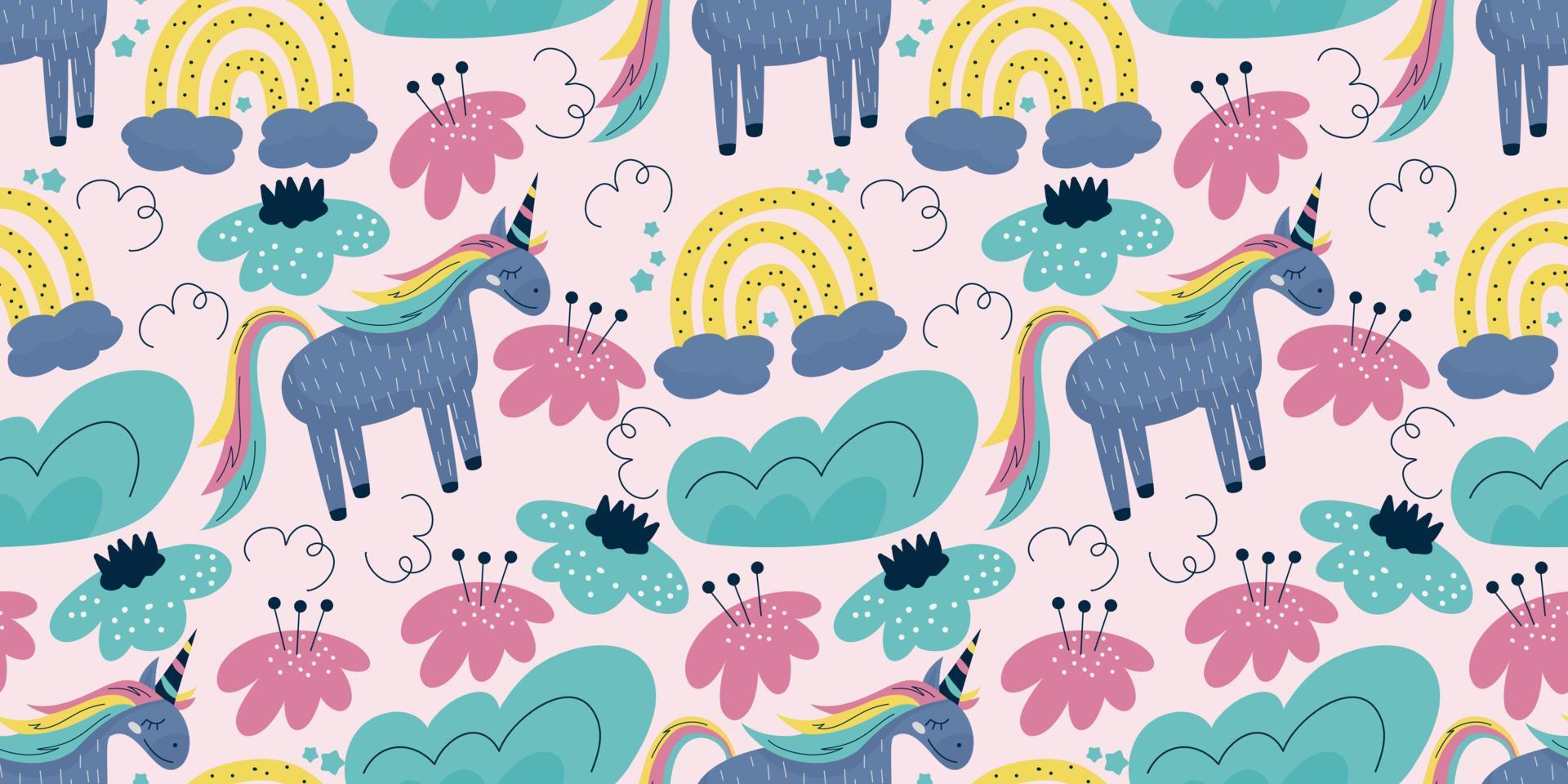 Scandinavian unicorn seamless pattern with rainbow and flower. A horse with a horn sits on a dark background with cloud. Childrens textile with a bright rainbow. vector
