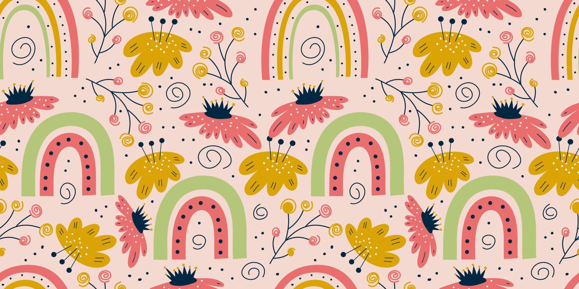 Scandinavian spring seamless pattern with rainbows, flowers and branches.Pastel pink minimalistic pattern. Flat vector illustration.