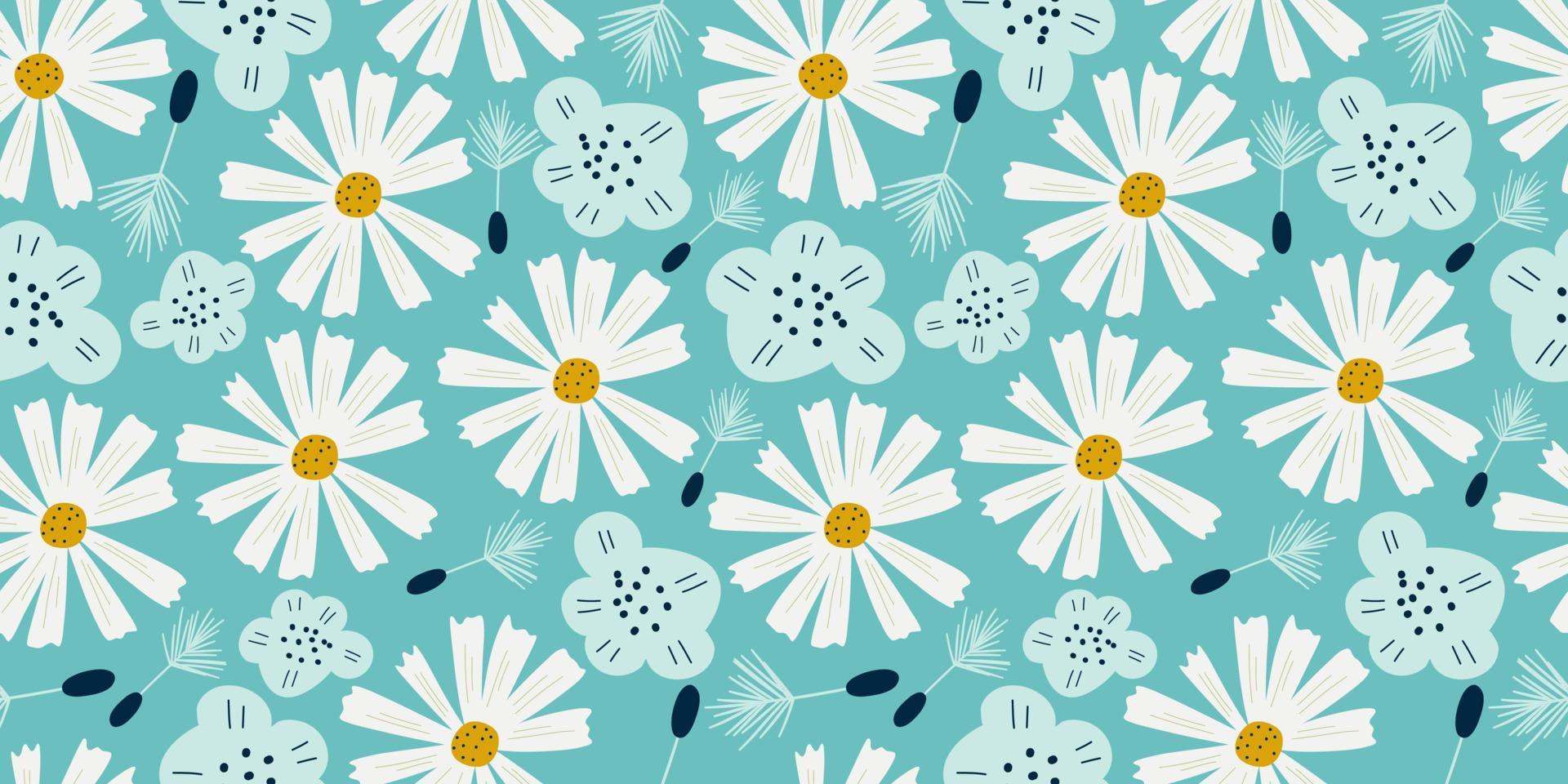 Chamomile seamless pattern with flowers in scandinavian style. Daisy flowers with dandelion and simple flower on blue background for kids designs. Flat Vector illustration