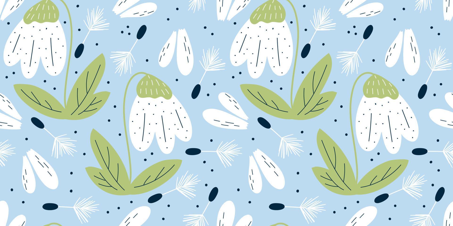 Scandinavian spring seamless pattern with snowdrop, flowers with petals and dandelion. Spring minimalistic pattern. Flat vector illustration