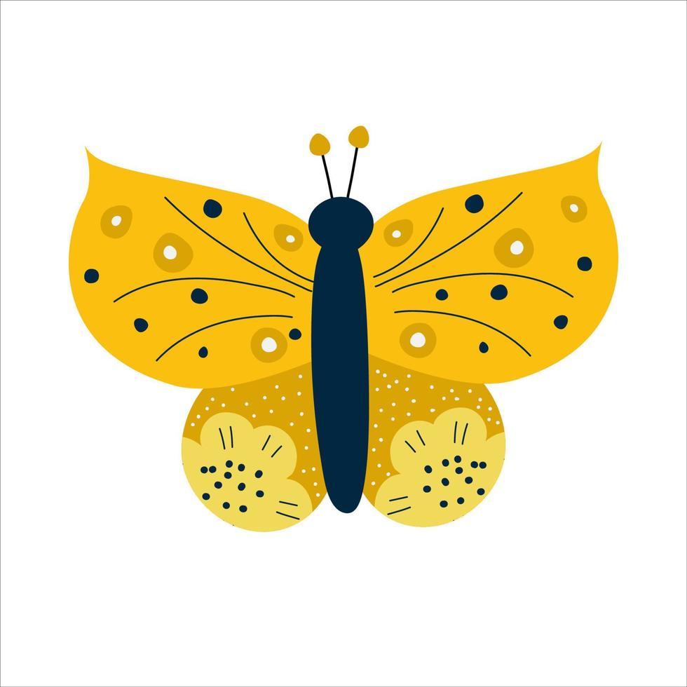 mariposa escandinava aislada. insecto con alas amarillas y flores. ilustración vectorial plana. diseño de mariposa para niños. vector dibujado a mano ilustración de dibujos animados de moda