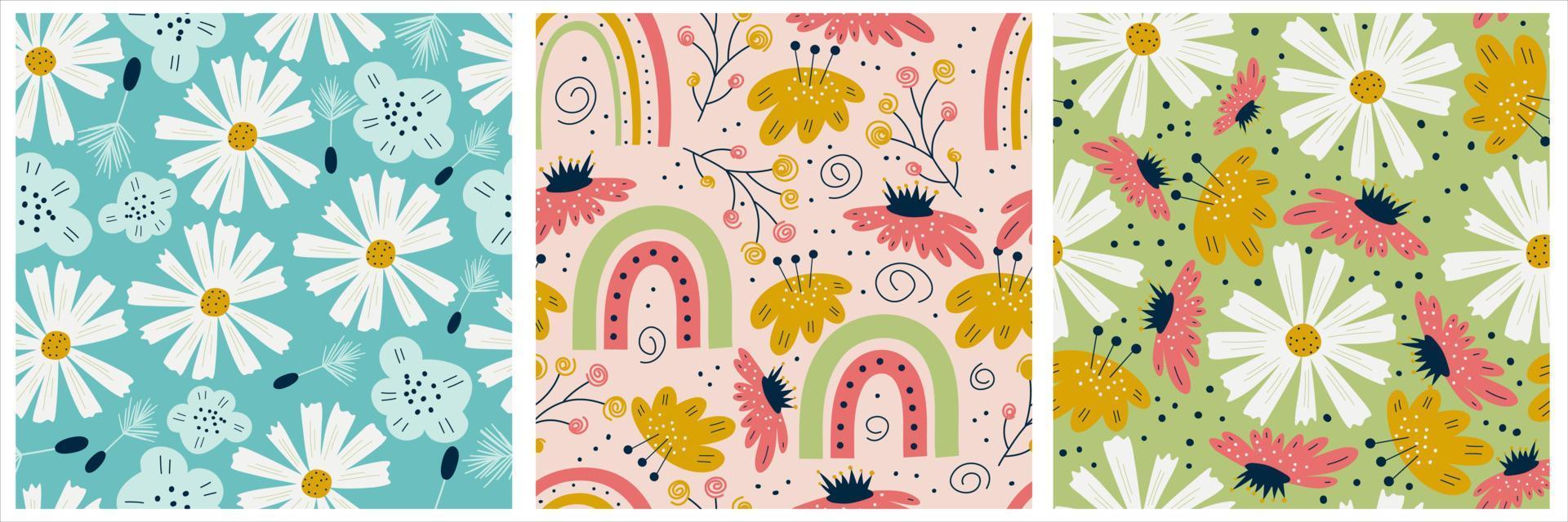 Scandinavian set of spring patterns with flowers, daisy and rainbow. Seamless pattern with sunflower. Vector illustration design. Summer floral scandinavian nursery print design