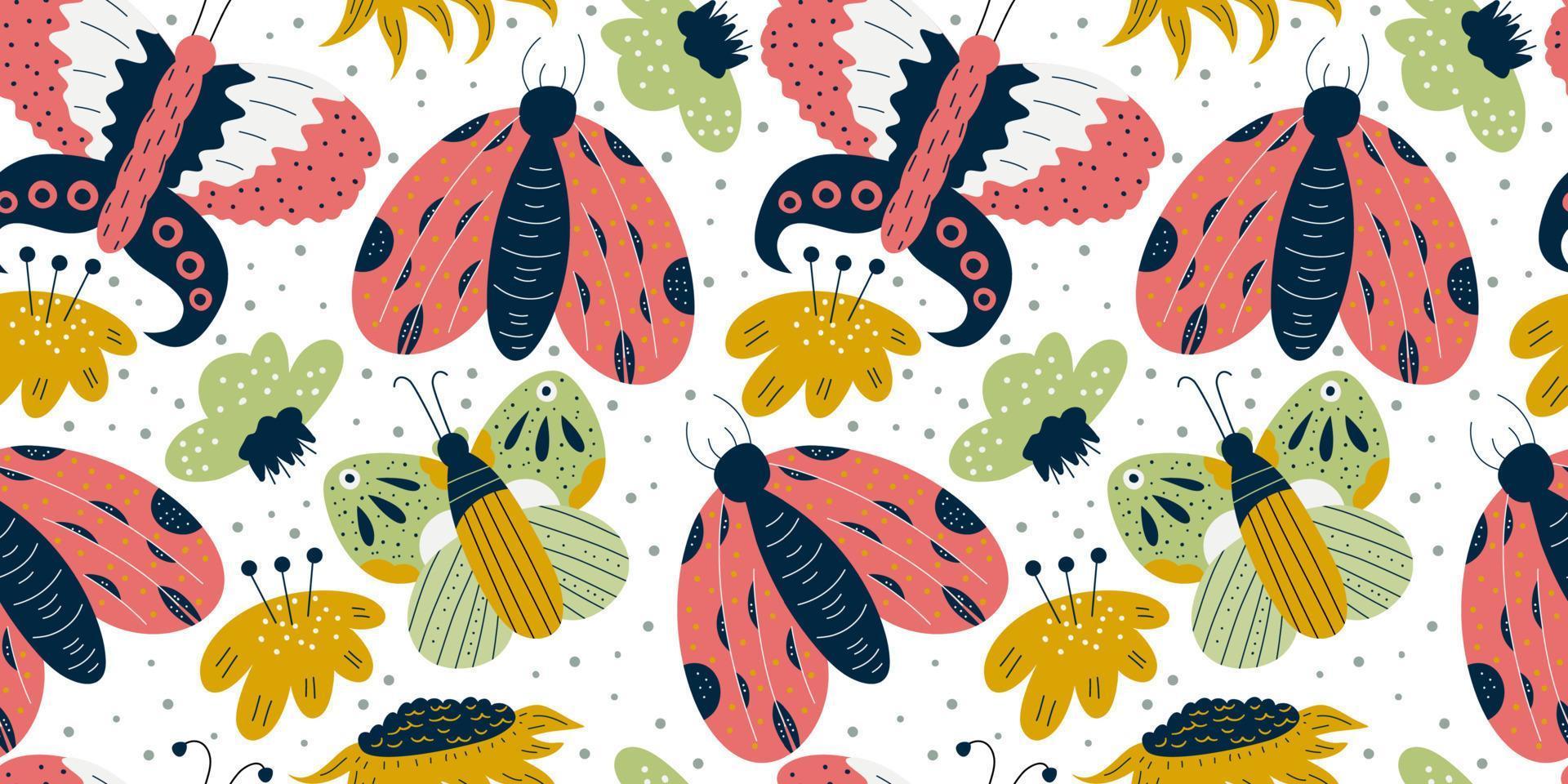 Scandinavian spring seamless pattern with butterfly and moth on white background. Red insect with wings and flowers. Seamless colorful pattern for baby textile vector