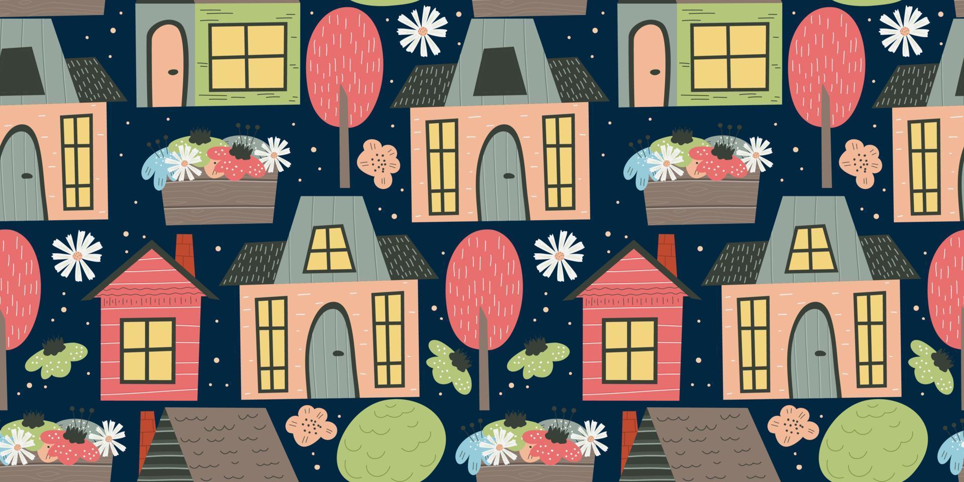 Scandinavian house seamless pattern with tree and flower. Hand drawn vector illustration. Cottage with windows and a roof for childrens textiles. Village landscape with cute houses.