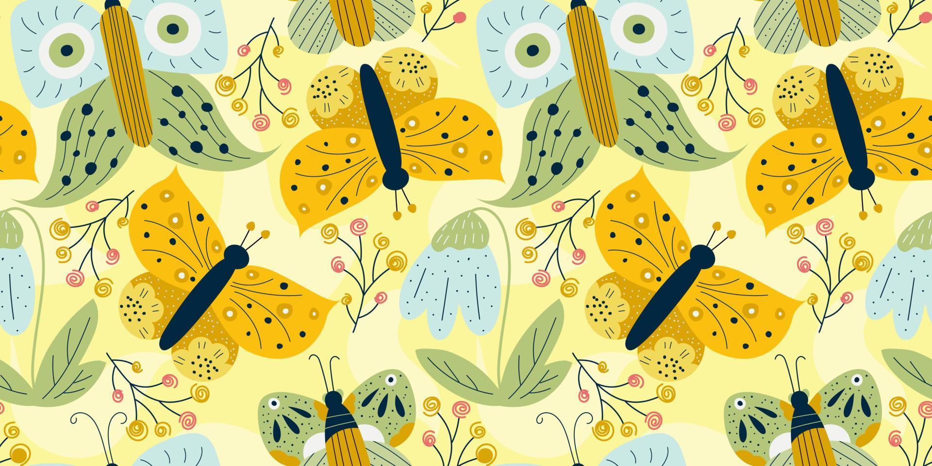 Scandinavian spring seamless pattern with butterfly and snowdrop on yellow background. Yellow insect with wings and flowers. Seamless colorful pattern for baby textile vector