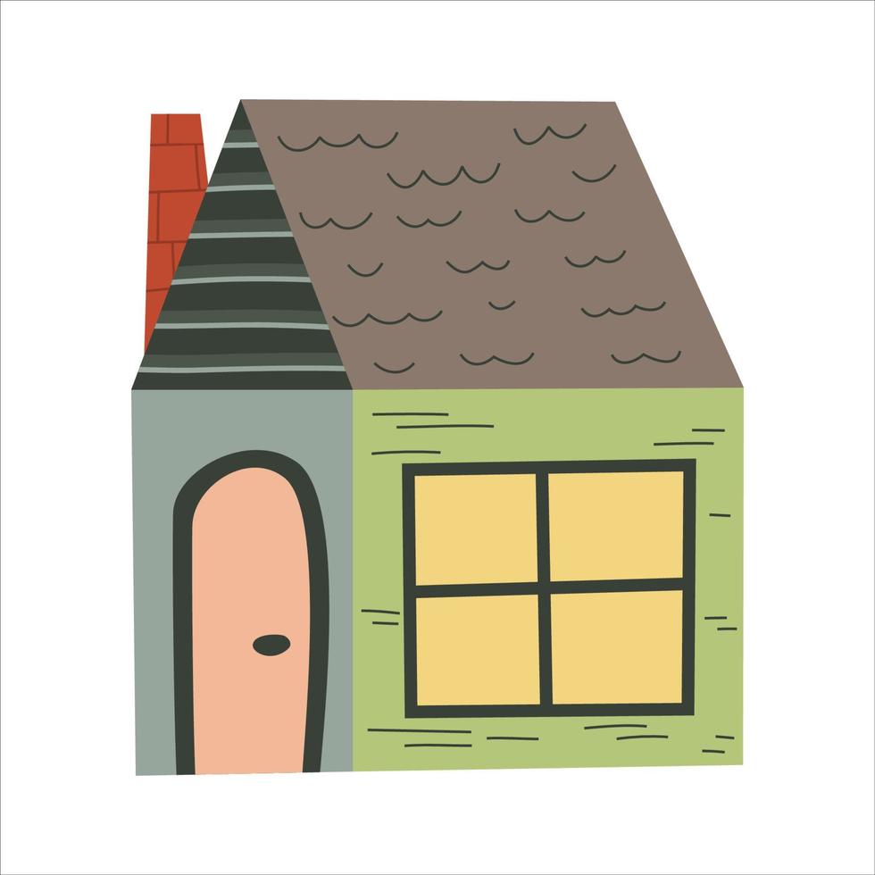 casa escandinava con ventana aislada sobre fondo blanco. techo con chimenea. diseño infantil plano. ilustración de moda dibujada a mano. adosado de colores con puerta redonda. vector