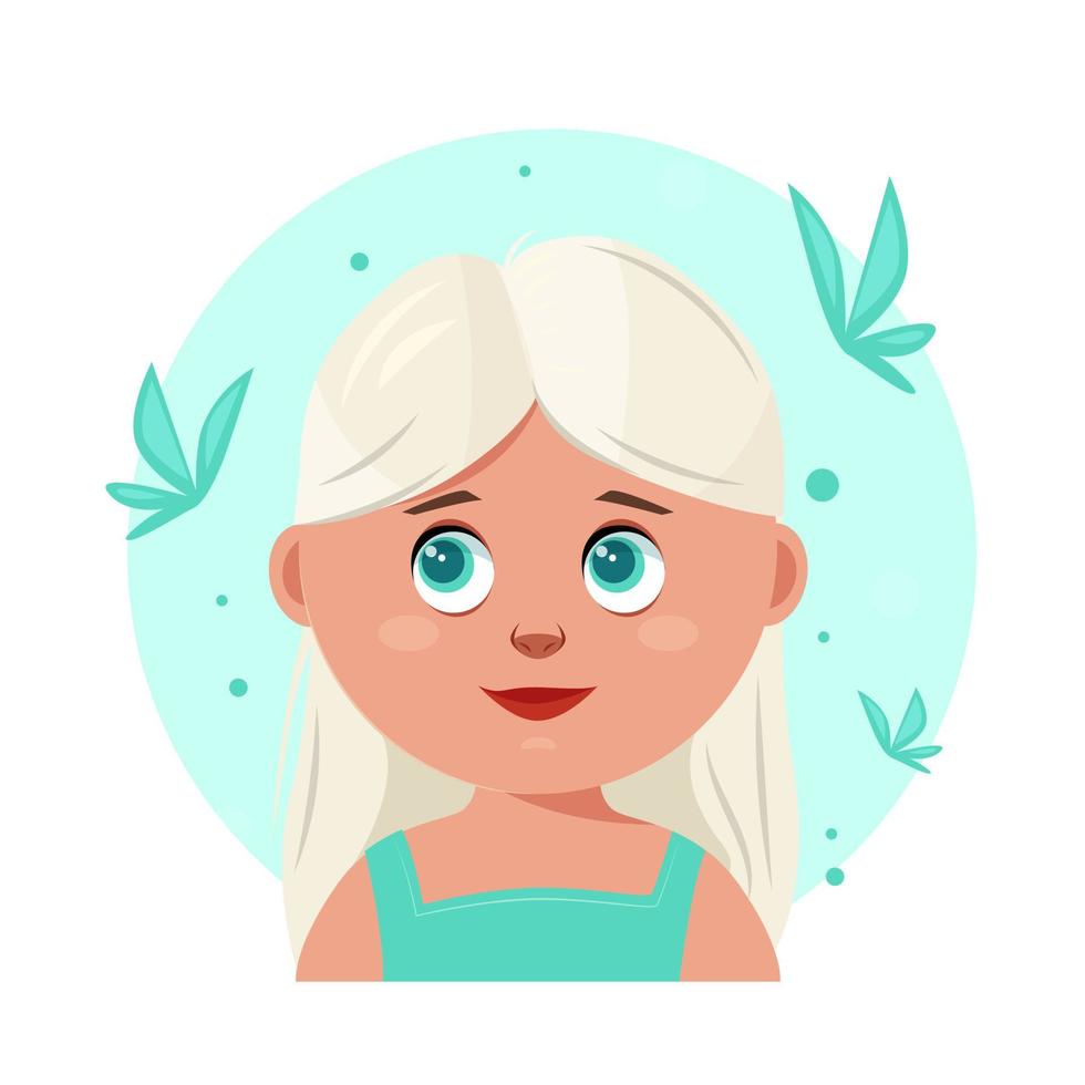 The face of a cute girl. Avatar of a young girl. Portrait. Vector flat illustration