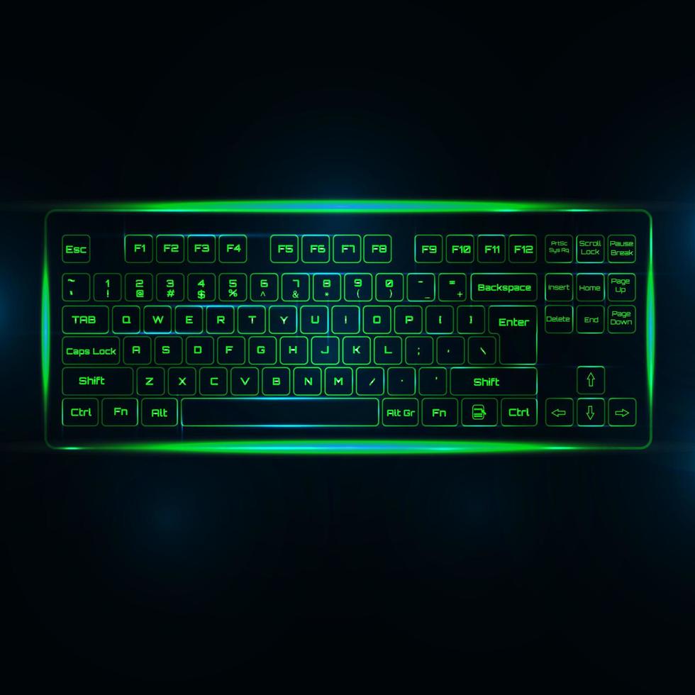Teclado o teclado de PC de computadora brillante virtual sobre fondo verde oscuro.marcación vector