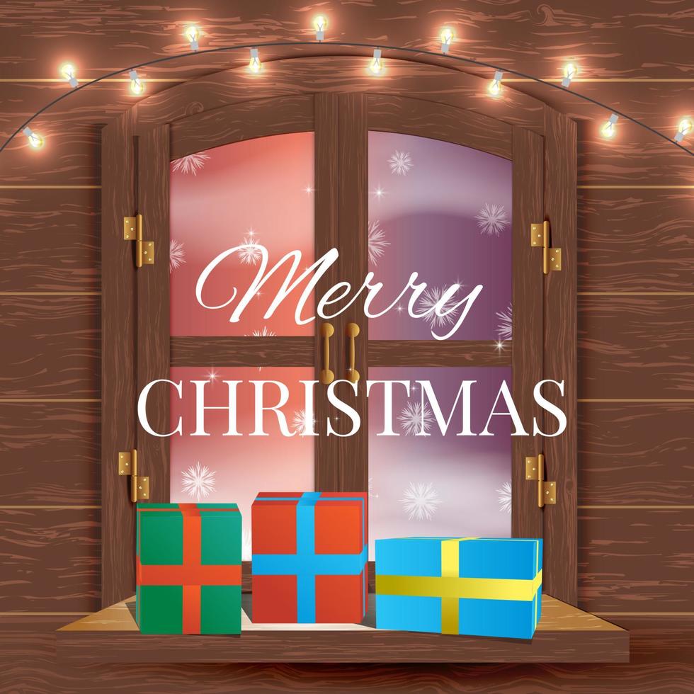 Christmas window view with a snowy landscape vector