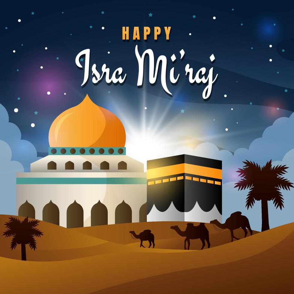 Happy Isra Mi'raj with Kaaba and Aqsa Mosque Background vector