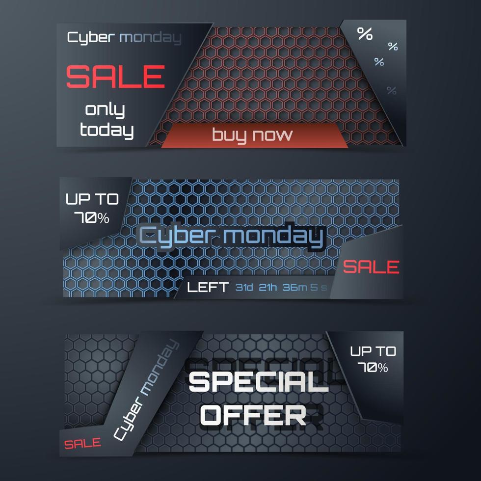 Cyber Monday sale banner set. vector