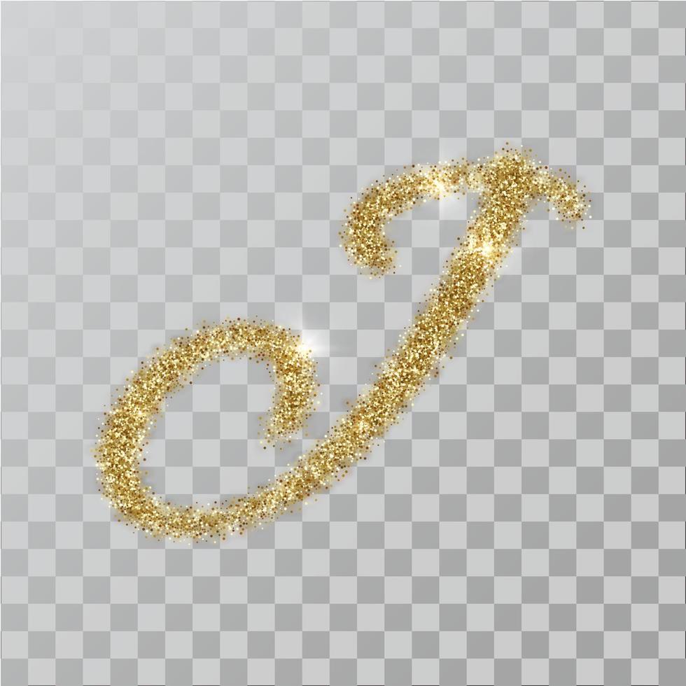 Gold glitter powder letter J in  hand painted style. vector