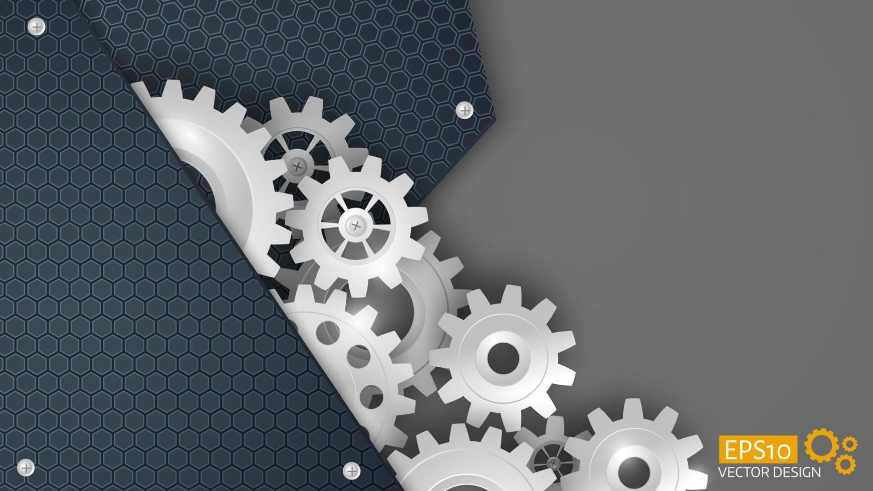 White 3d gears on the gray hexagon background. vector