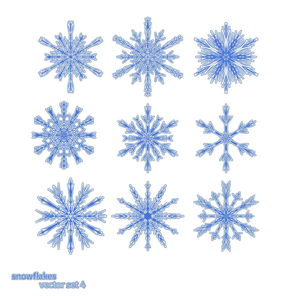 set 9 copos de nieve azules diferentes vector