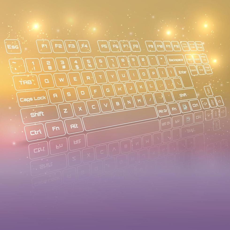 Virtual keyboard in perspective view, glowing keys and reflection on colorful background vector