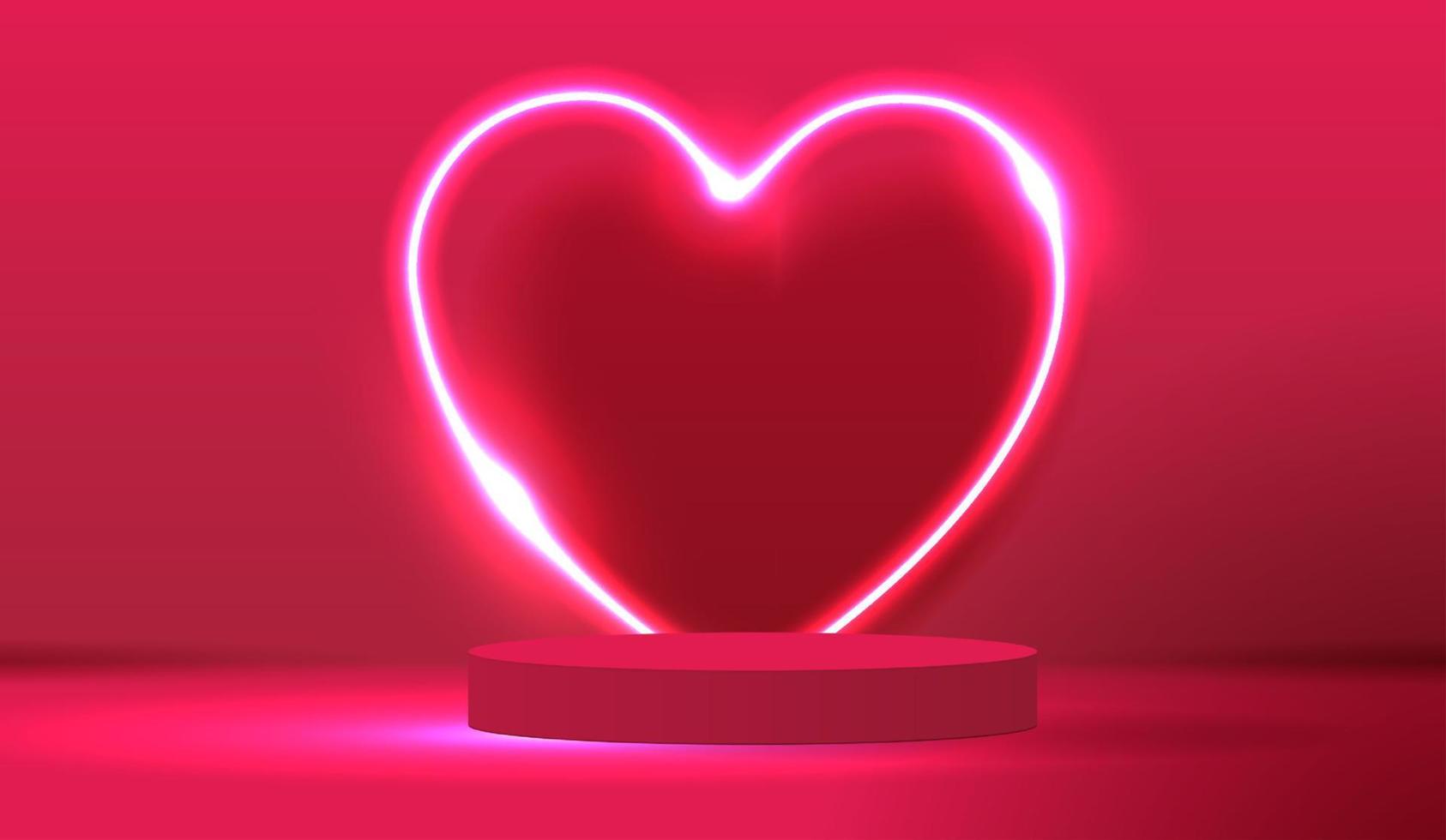 feliz día de san valentín y podio decorado con iluminación en forma de corazón. escena de pedestal con producto, cosmética, publicidad, espectáculo, ceremonia de entrega de premios, sobre fondo rosa. diseño vectorial vector