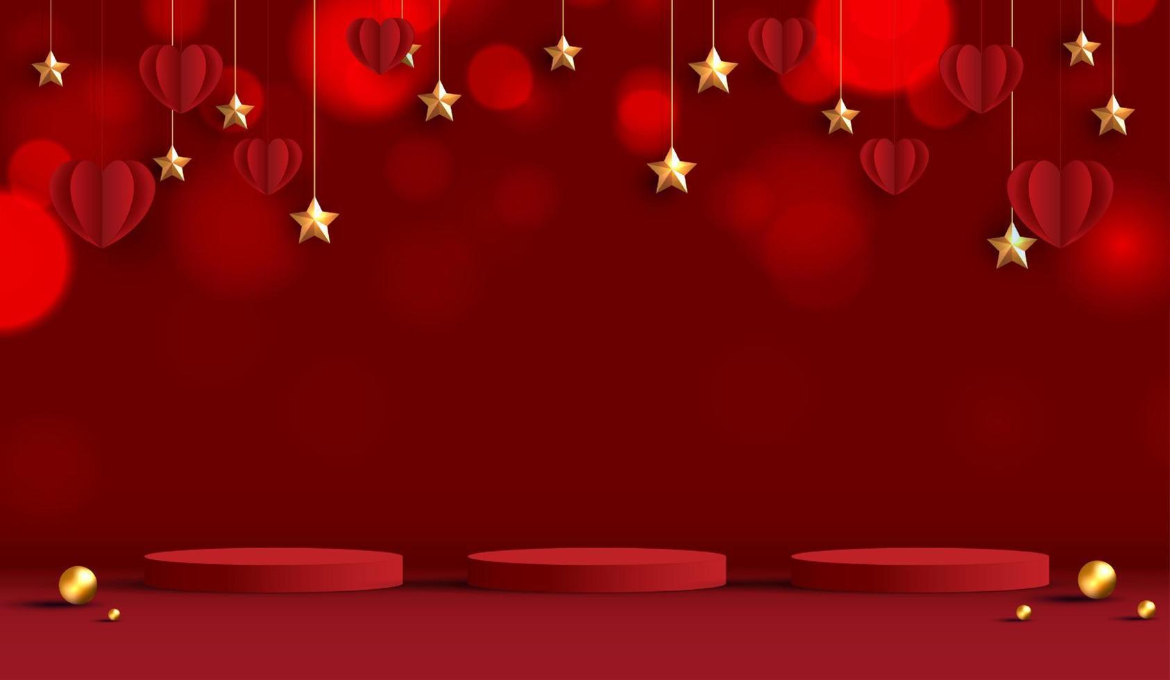 feliz día de san valentín y podio decorado con forma de corazón y estrella. escena de pedestal con producto, cosmético, publicidad, espectáculo, ceremonia de entrega de premios, sobre fondo rojo. diseño vectorial vector