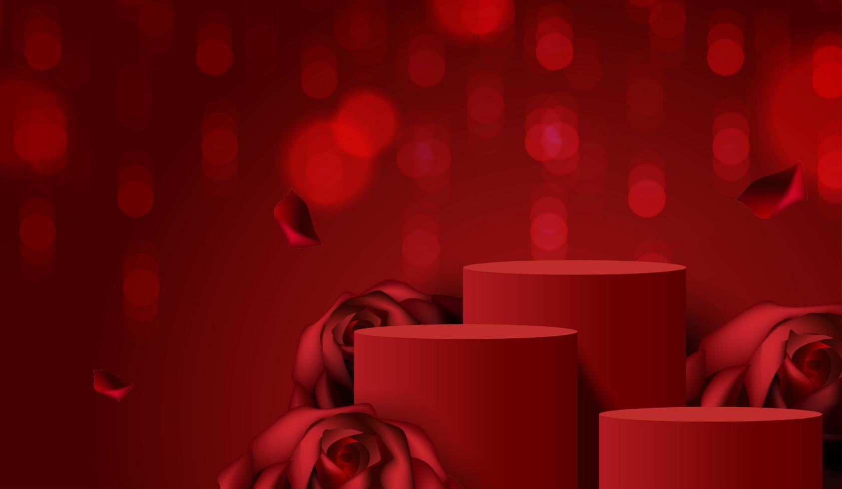 feliz día de san valentín y podio decorado con rosa. escena de pedestal con producto, cosmético, publicidad, espectáculo, ceremonia de entrega de premios, sobre fondo rojo. diseño vectorial vector