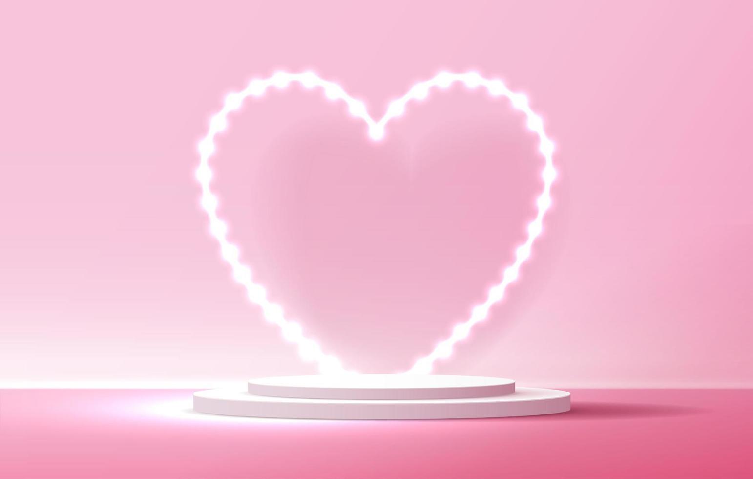 feliz día de san valentín y podio decorado con iluminación en forma de corazón. escena de pedestal con producto, cosmética, publicidad, espectáculo, ceremonia de entrega de premios, sobre fondo rosa. diseño vectorial vector