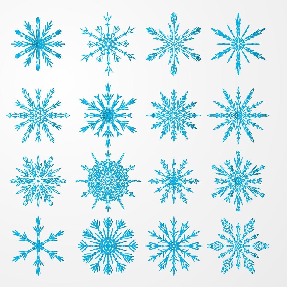 set 9 copos de nieve azules diferentes vector