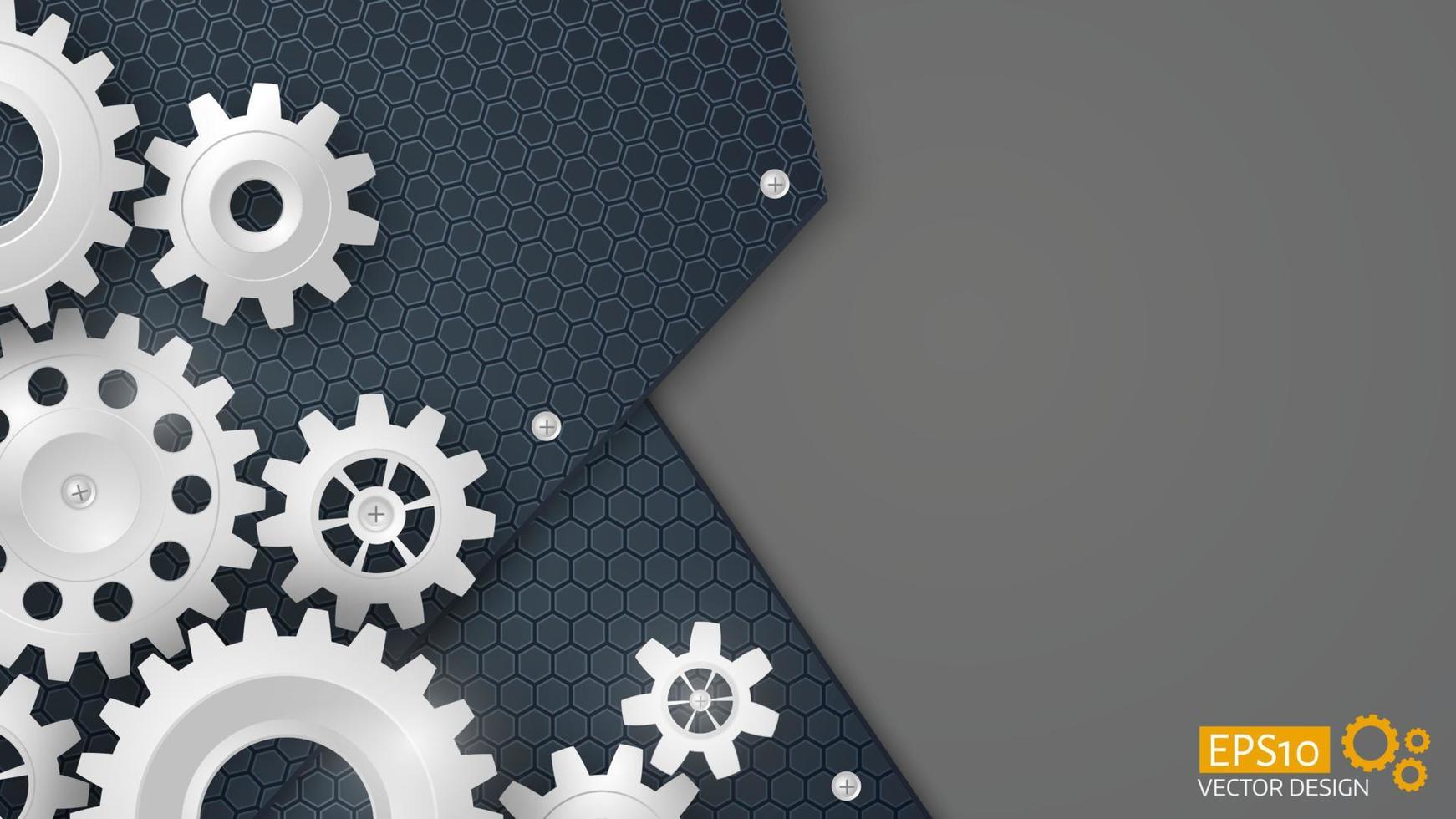 White 3d gears on the gray hexagon background. vector
