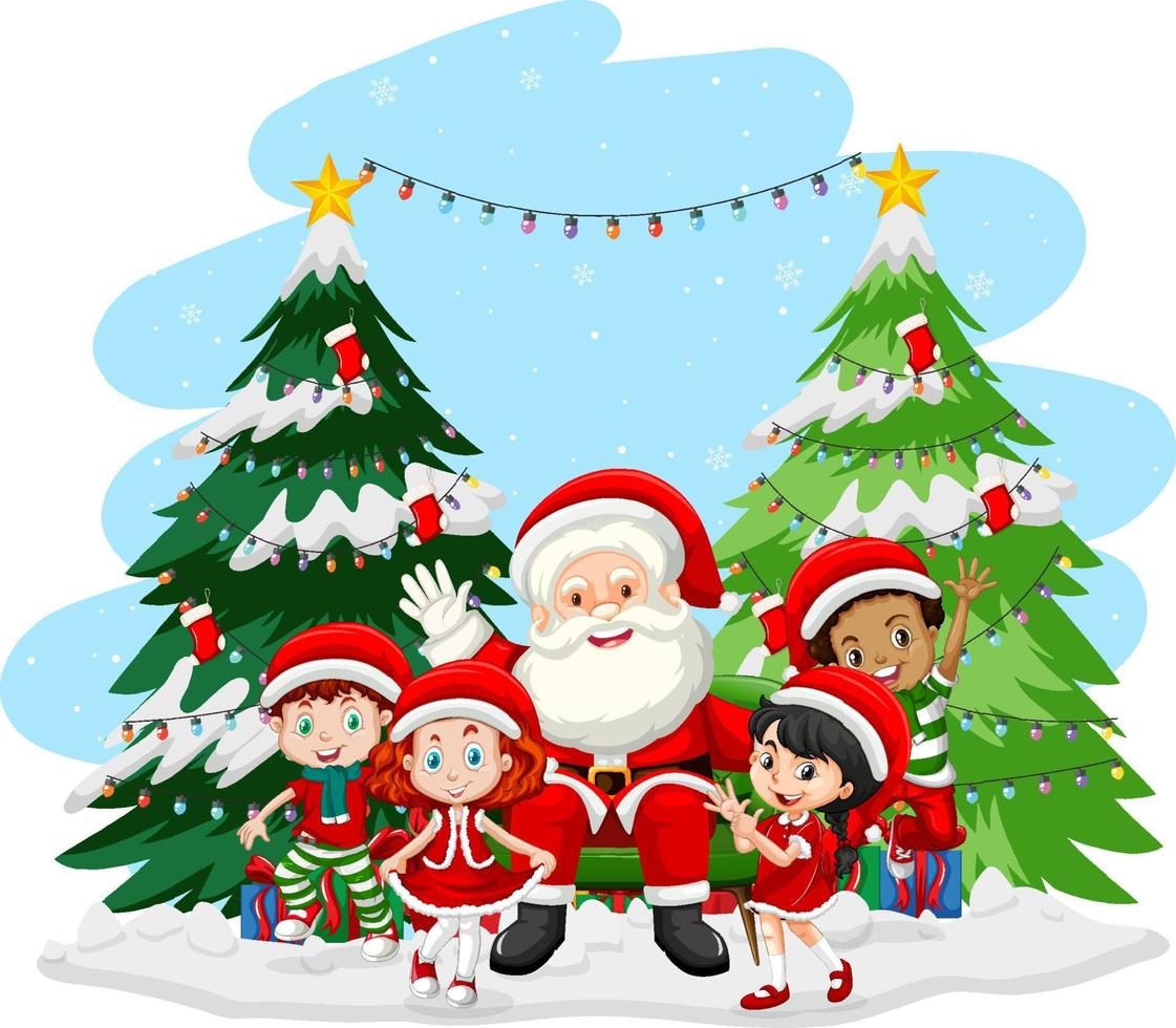 niños celebrando la navidad con santa claus vector