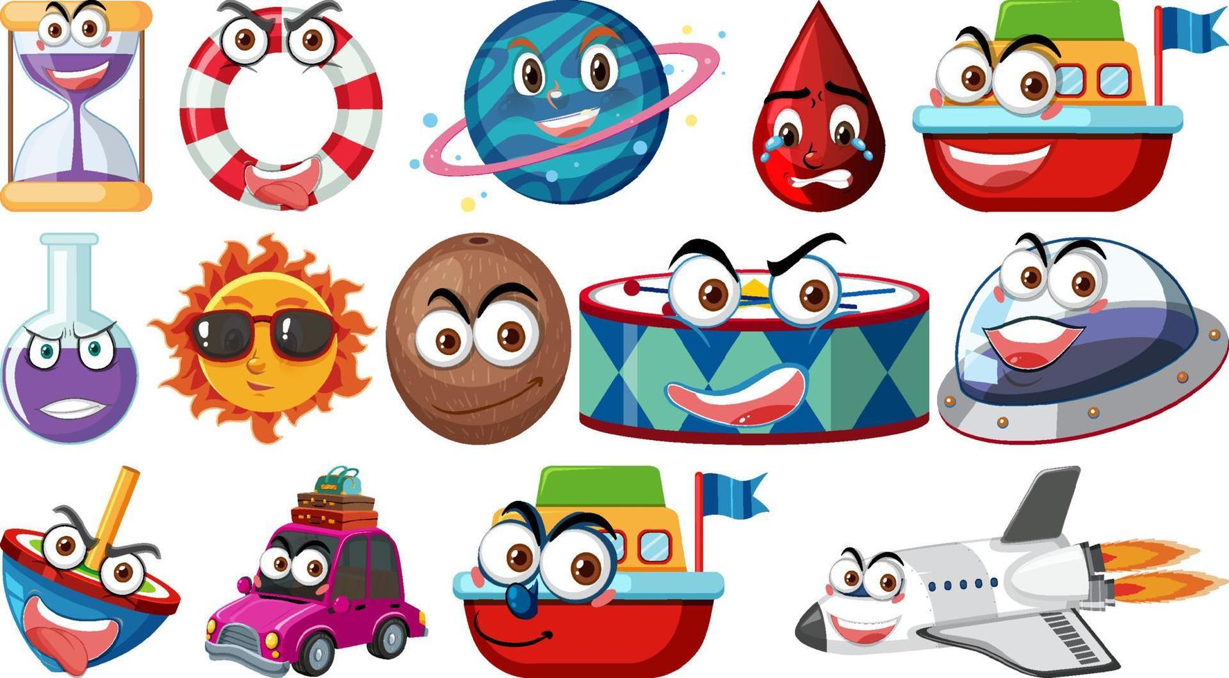 Set of different toy objects with smiley faces vector