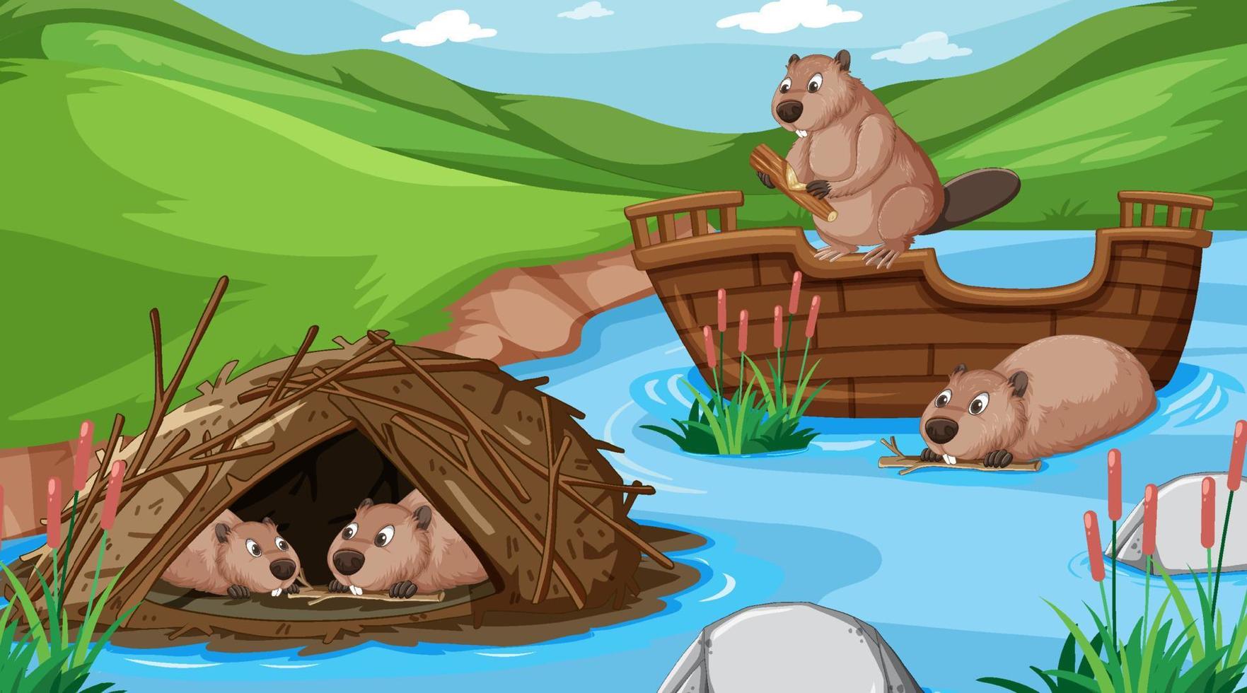 Dam in the river with beaver family vector