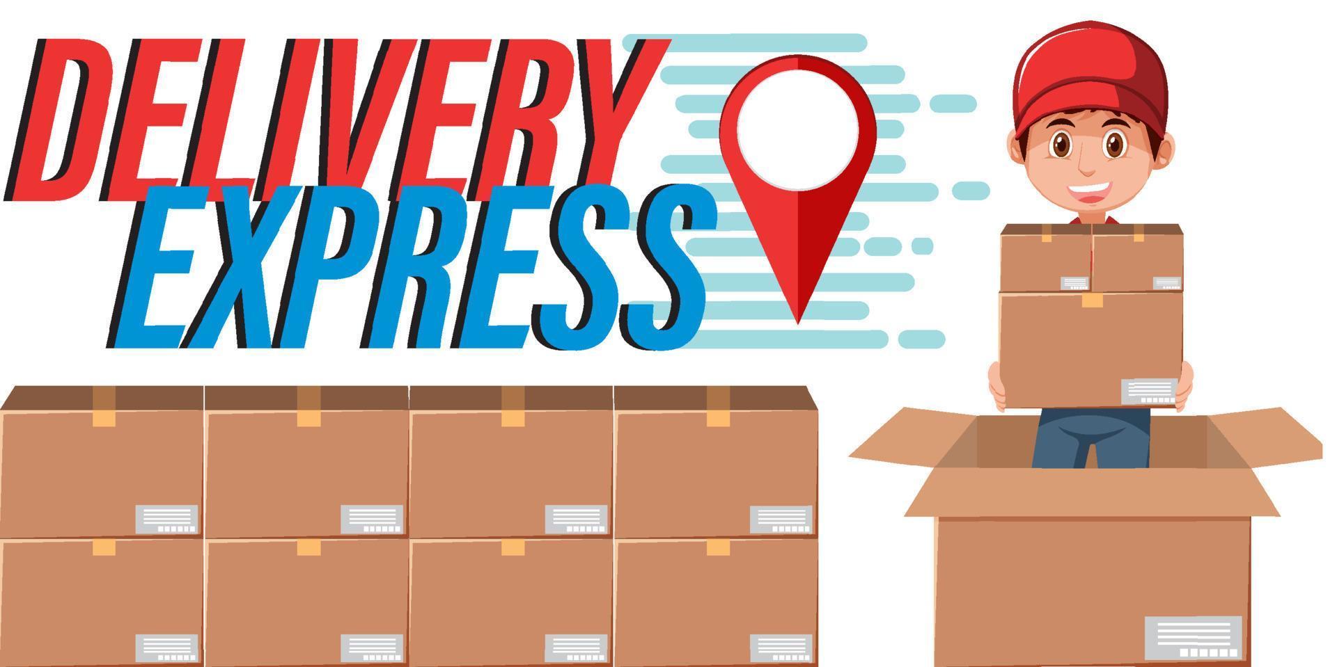 Delivery Express logotype with courier holding packages vector