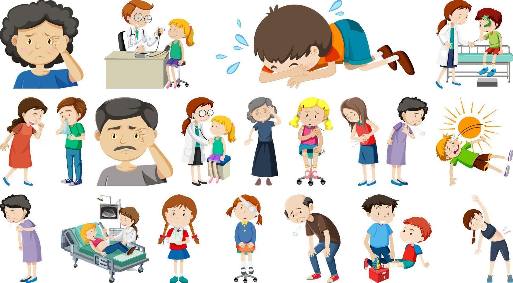 Set of sick people with different symptoms vector