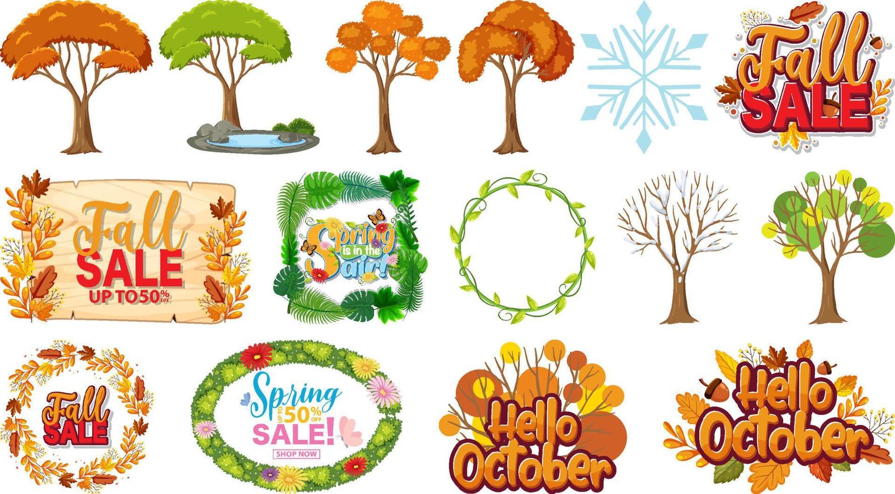 Set of four seasons trees and nature objects vector