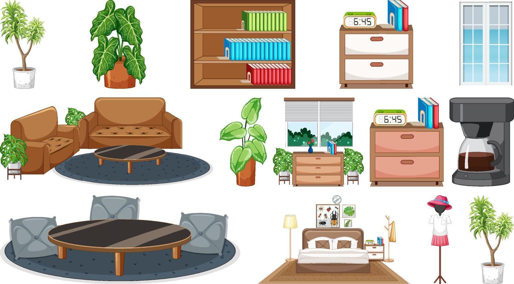 conjunto de muebles y decoraciones de interior vector