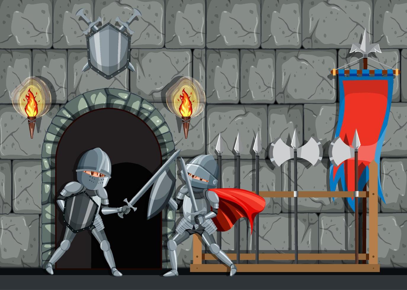 Medieval armoured knights fighting together vector