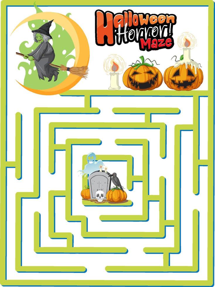 Maze game finds the witch's way to gravestone vector