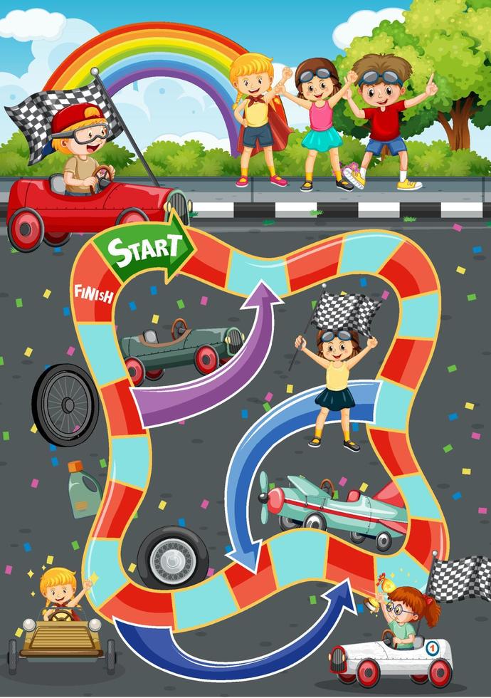 Snake and ladders game template in racing car competition theme vector