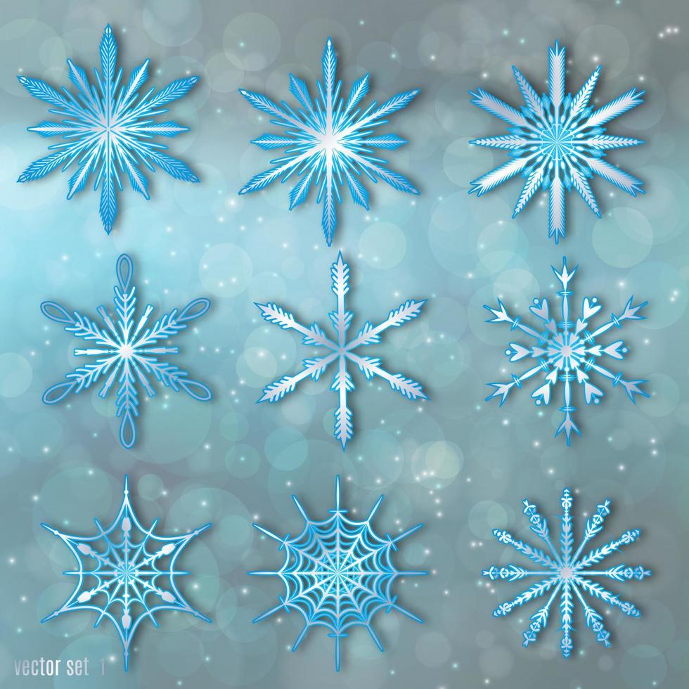 Vector illustration  of Snowflake set on dark blue blurred background. Winter Holidays Decoration design elements. Happy New Year greeting card.