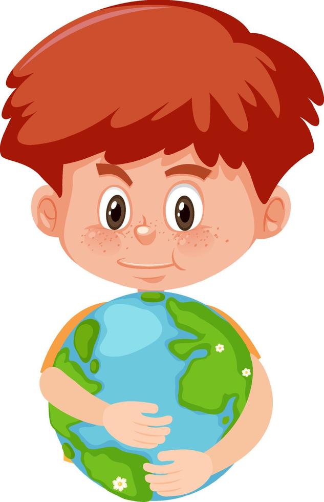 Cute boy hugging earth globe in cartoon style vector