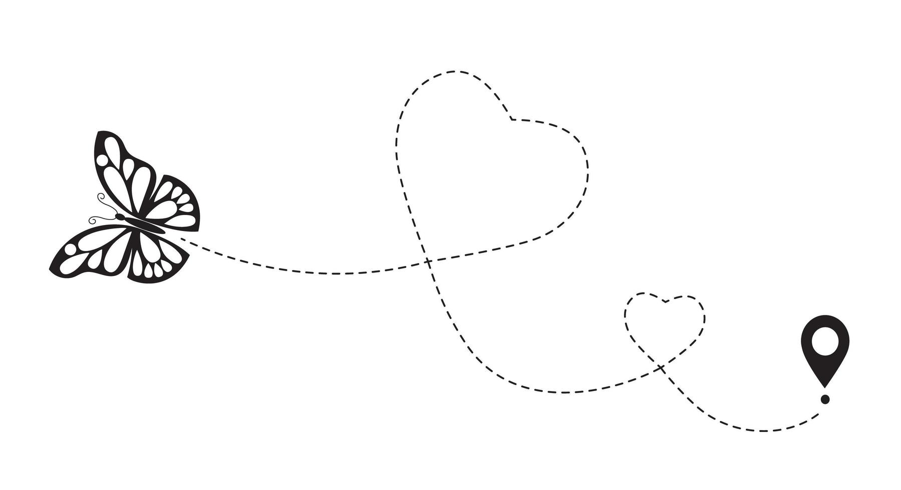 Double love butterfly route. Romantic travel simbol, heart dashed line trace. Simple hearted path, dotted love valentine day drawing isolated vector