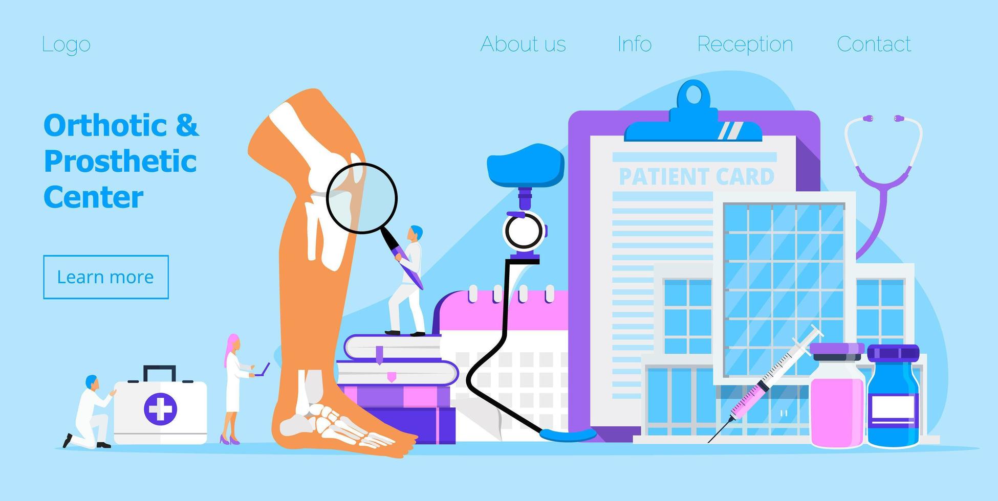 vector de concepto de prótesis y centro ortopédico para sitio web. diminutos doctores ofrecen prótesis de pierna de corredor. miembro de metal biónico para humanos. día de incapacidad, mes. apoyo medico por mes.