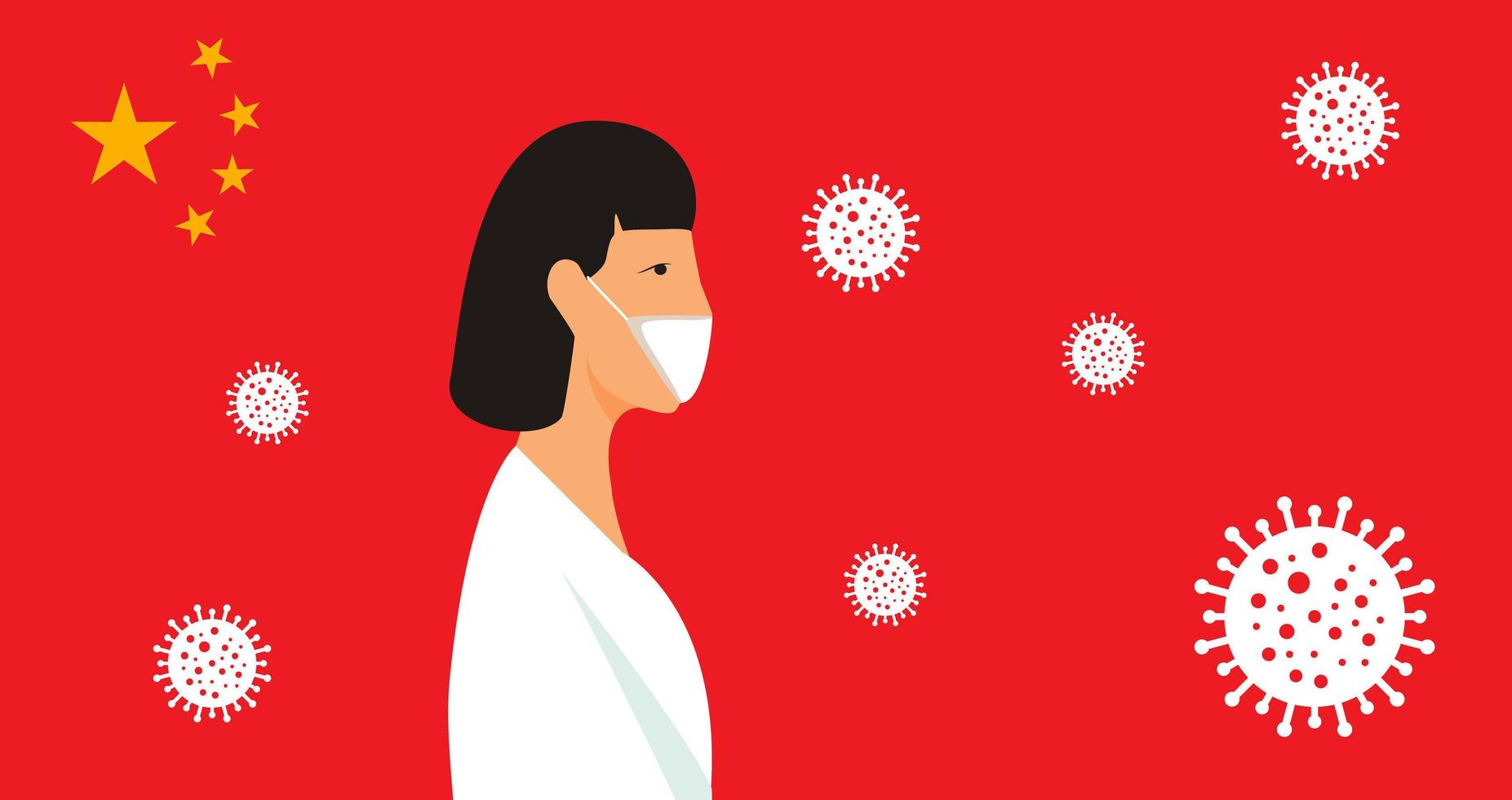 Coronavirus concept vector for landing page, banner, poster. CoV-2020 sign on China flag. Doctor wears medical mask. Pandemic situation in China now.