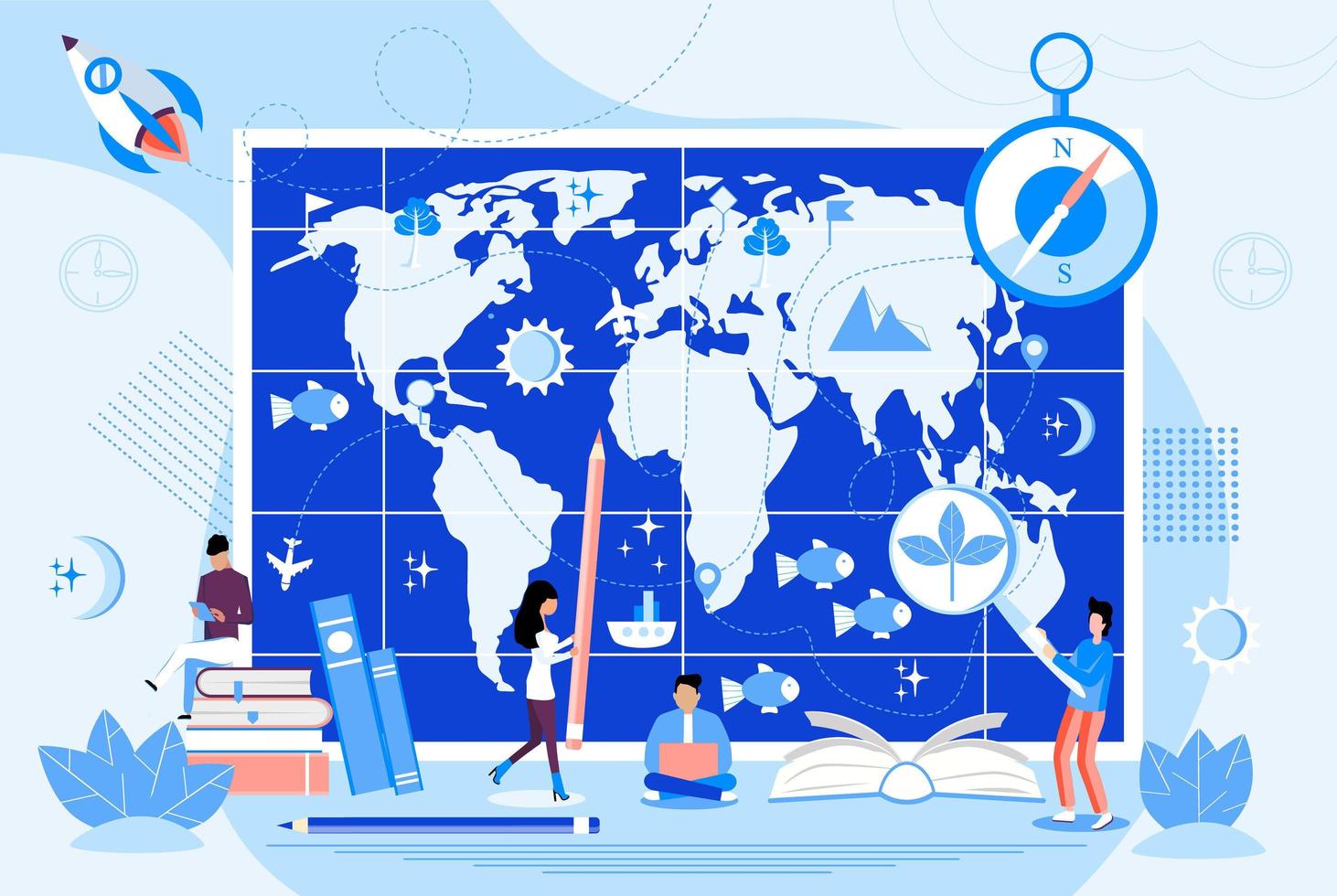 Atlas with metrics, compass, and oceans concept vector. Tiny geographers study earth. Geography and topography research illustration. Teacher in front of map in school vector