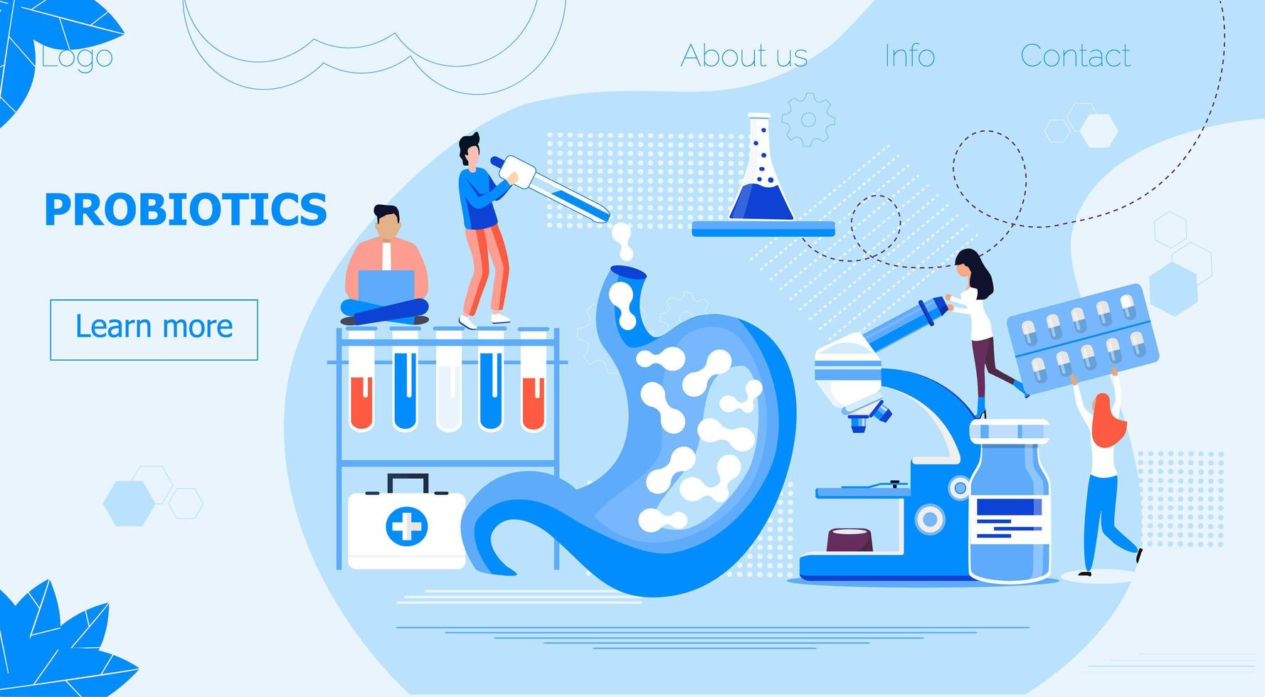 Tiny doctors give stomach probiotic bacteria, lactobacillus. Healthcare landing page, immunity support concept vector for horizontal banner, poster, flyer, website. Symbol of useful milk