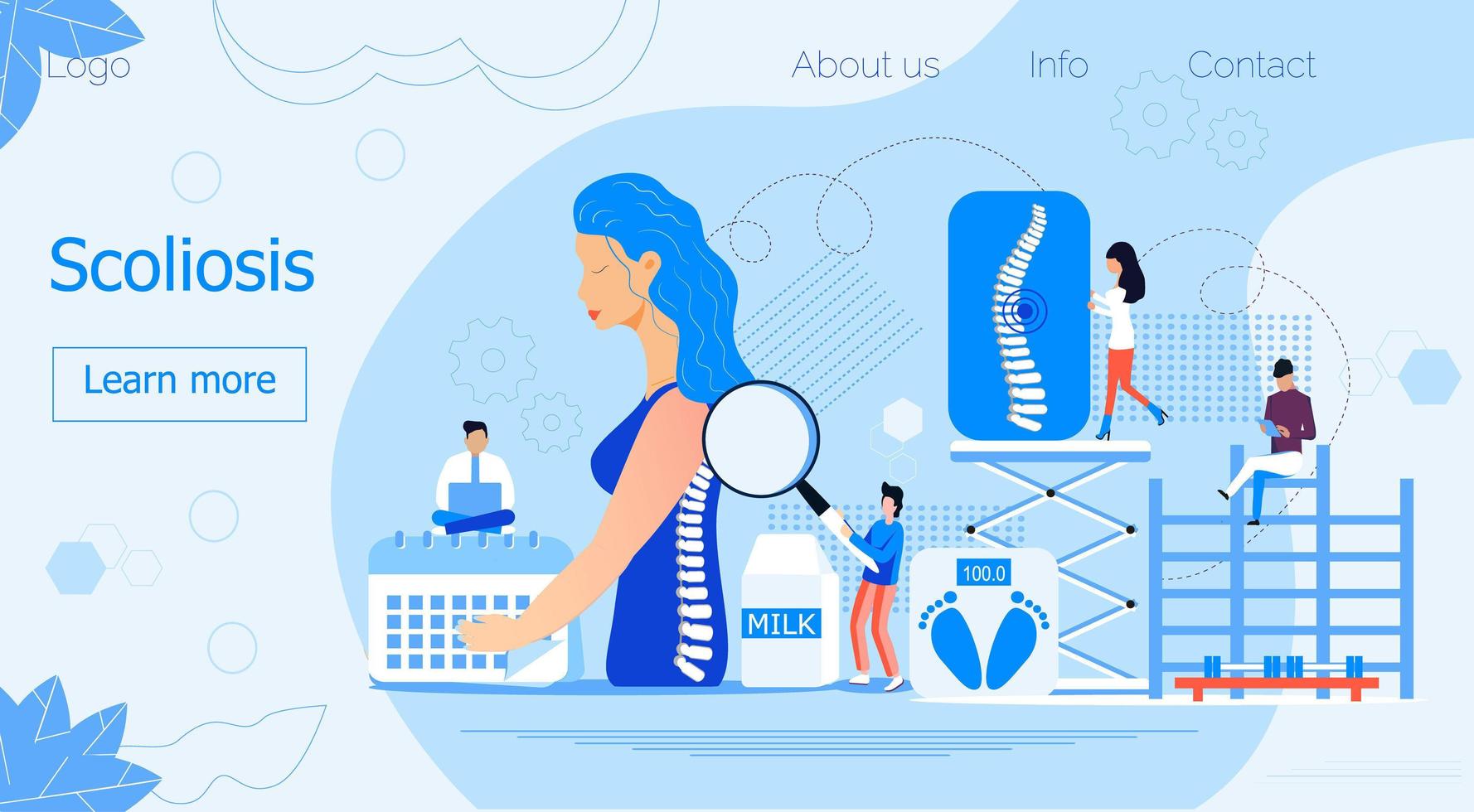 Scoliosis medical anatomical concept vector for homepage. Vertebral osteochondrosis, osteoporosis illustration. Kyphosis, lordosis, curvature of skeleton diseases.