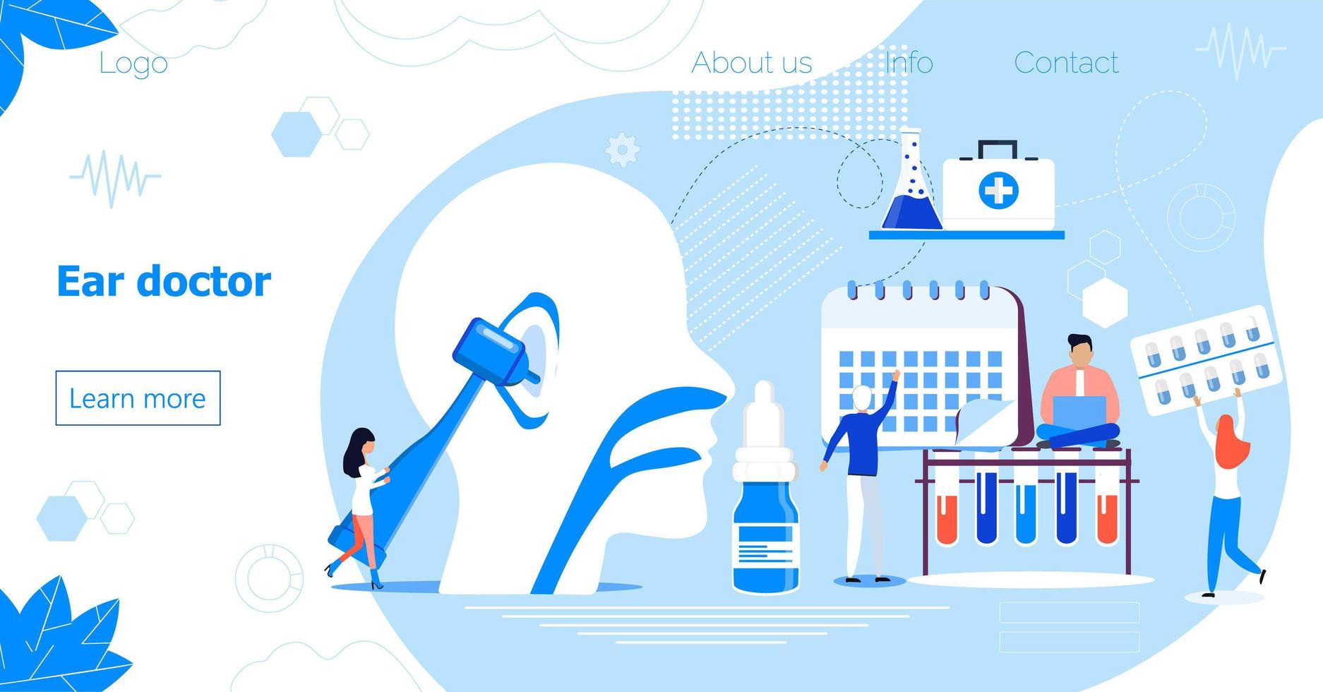 Ear doctor vector web template for landing page, header. Tiny doctors treat and exemine patient ear, nose and throat. Otolaryngology health careconcept. Rally, seminar and various deaf awareness