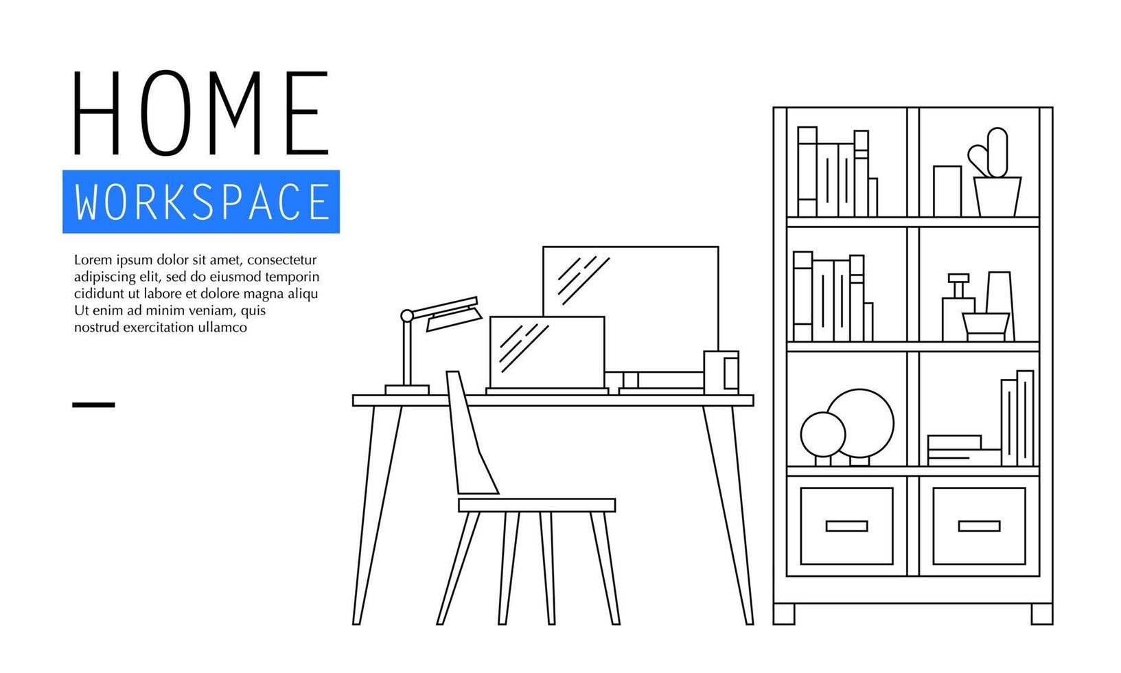 Vector illustration of home workspace in outlined style. Suitable for design element of work from home and comfortable interior work desk setup.