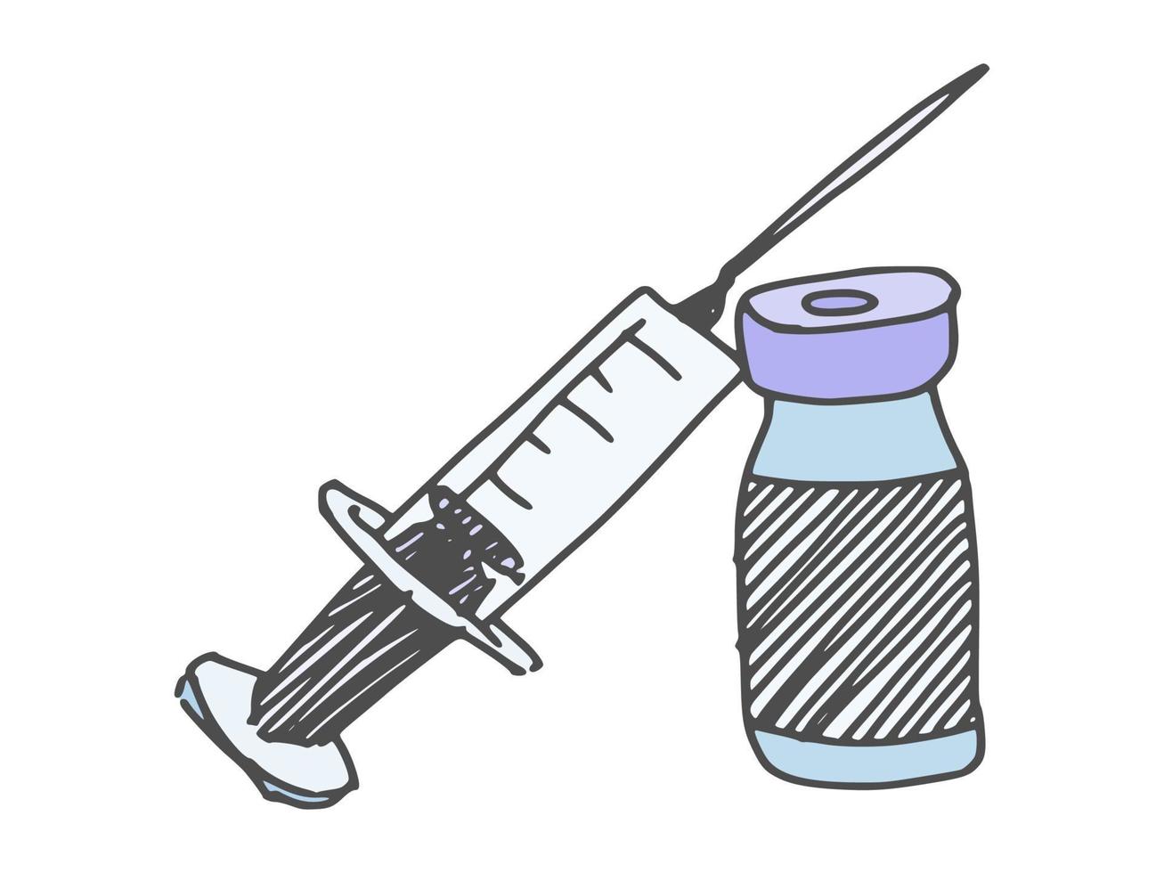 dibujo de medicina de jeringa y vacuna. garabato nuevo vector