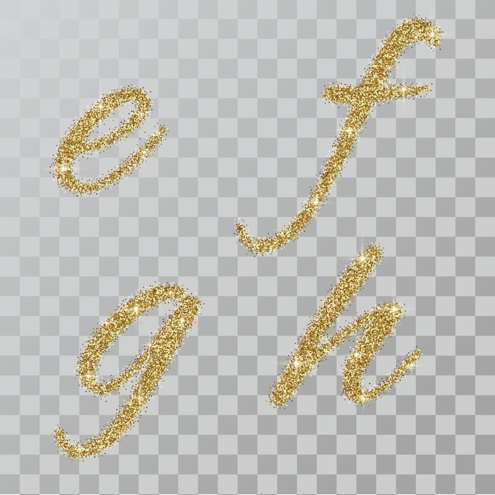 Gold glitter powder letters  e,f,g,h  in  hand painted style. vector