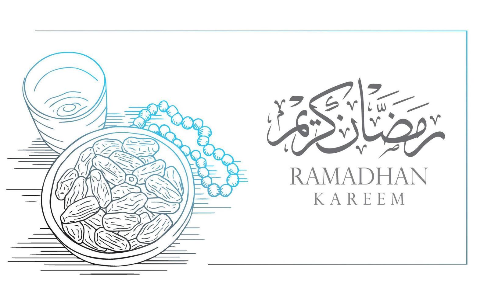 palmeras datileras vectoriales ilustración dibujada a mano con texto de caligrafía ramadhan kareem plantilla para banner vector